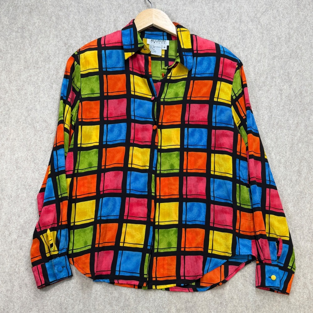 Vintage Colorblock Silk Blouse Womens Medium Allison Taylor Multicolor Retro Art